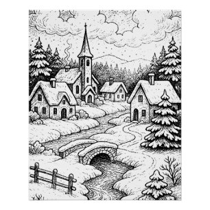 Póster Pueblo navideño en invierno