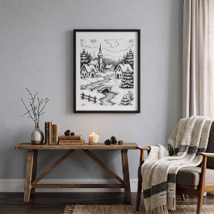 Póster Pueblo navideño en invierno