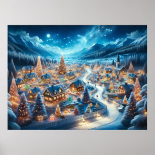 Póster Pueblo Navideño Encantador por la Noche