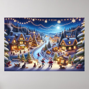 Póster Pueblo Navideño Invernal Festivo Nocturno