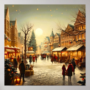Póster Pueblo navideño vintage de invierno nevado