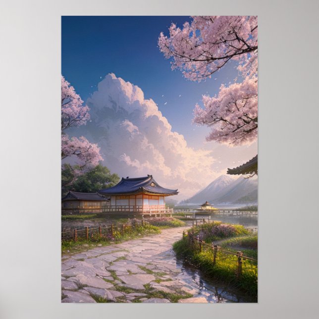 Póster Pueblo pesquero japonés en la orilla del río (Frente)