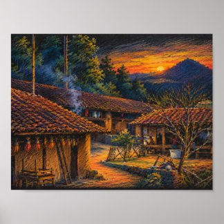 Póster Pueblo Rústico de Montaña al Atardecer Dibujo a Lá