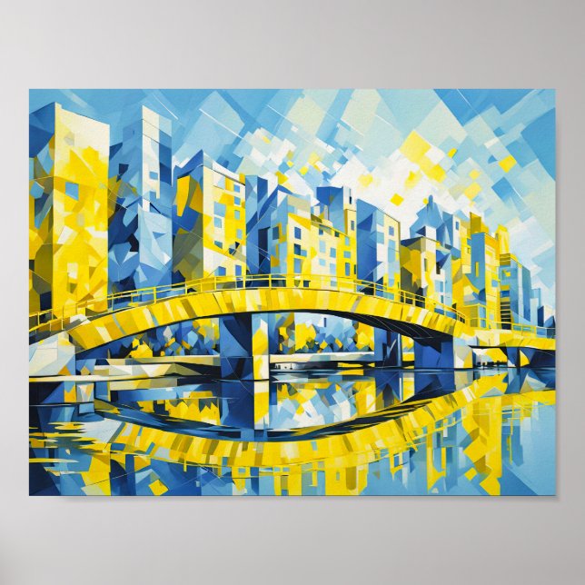 Póster Puente amarillo cúbico sobre el río (Frente)