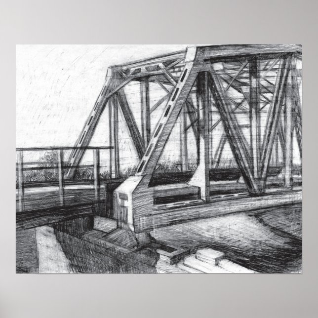Póster Puente antiguo pencilart Monocromo Blanco y negro (Frente)