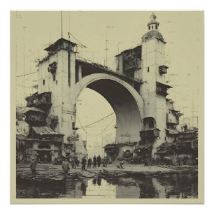 Póster Puente Arco Sepia Vintage Mercado del Río