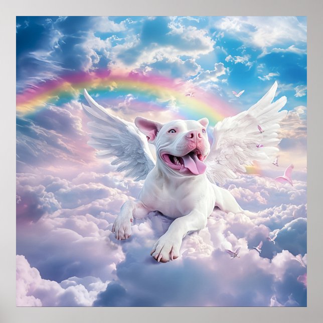 Póster Puente arcoiris, perro blanco en el cielo (Frente)