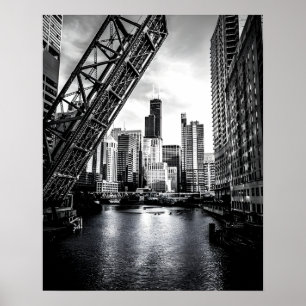 Póster Puente Chicago Kinzie Street Bridge Black and Whit