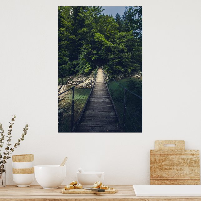 Póster Puente colgante simple sobre el río Idrijca, Eslov (Cocina)