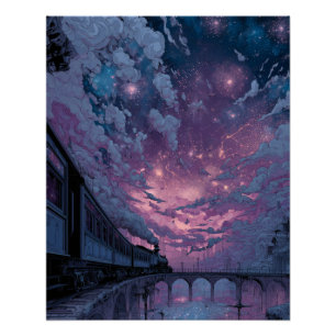 Póster Puente Crepuscular Bajo el Cielo Estrellado Soñado