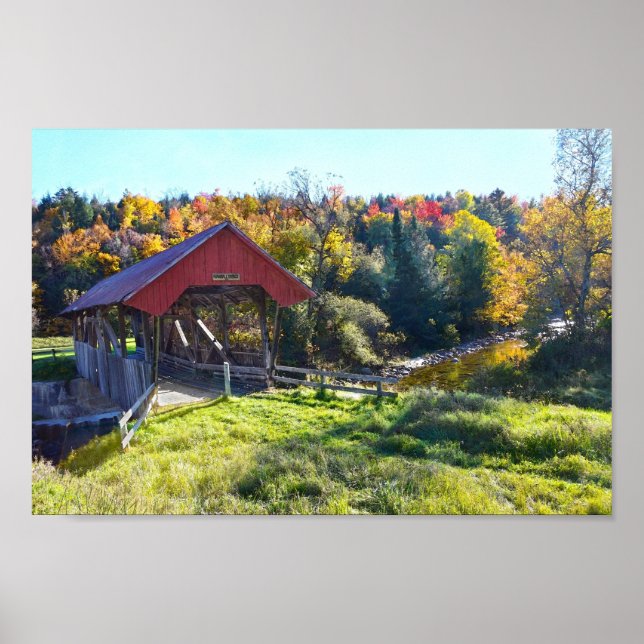 Póster Puente cubierto al azar en otoño, Vermont (Frente)