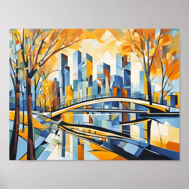 Póster Puente cubista de otoño en el paisaje urbano (Frente)