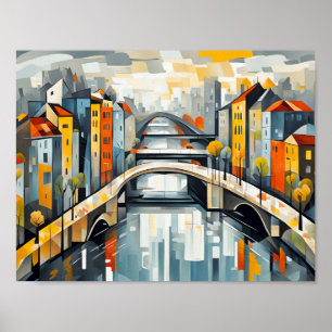 Póster Puente cubista nevado sobre ciudad reflejada