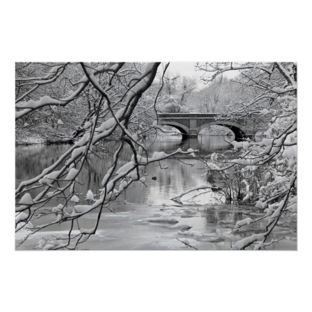 Póster Puente de arco sobre río congelado en invierno (Anverso)