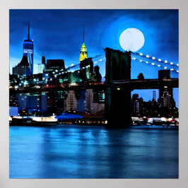 Póster Puente de Brooklyn bajo una luna llena