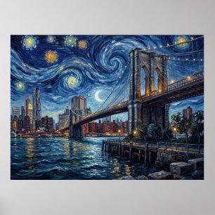 Póster Puente de Brooklyn Nueva York Bajo Noche Estrellad