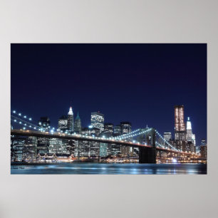 Póster Puente de Brooklyn y Manhattan Skyline At Night