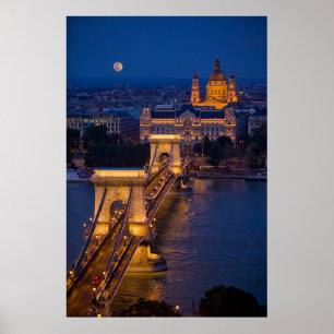Póster Puente de Cadena y Luna Llena por la Noche