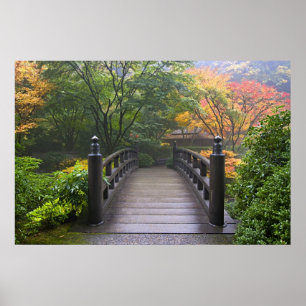 Póster Puente de madera en Poster de jardín japonés