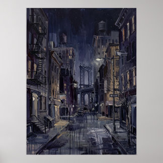 Póster Puente de Manhattan de noche con calle mojada