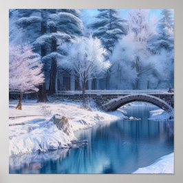 Póster Puente de piedra nevada, paisaje invernal sereno