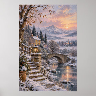 Póster Puente de Piedra Nevado y Puesta de Sol en Cabaña 