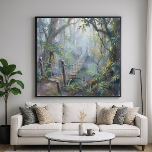 Póster Puente de selva brumosa - Estilo de pintura pastel