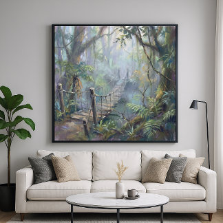 Póster Puente de selva brumosa - Estilo de pintura pastel
