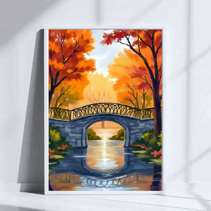 Póster Puente del parque de otoño Acuarela de follaje d
