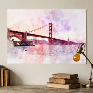 Póster Puente Golden Gate Acuarela al Atardecer