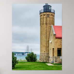 Póster Puente Mackinac y faro