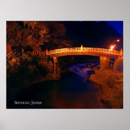 Póster Puente Sagrado Rojo sobre un río por la noche Japó