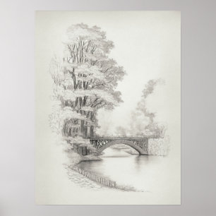 Póster Puente sobre el Sketch del río con árboles grandes