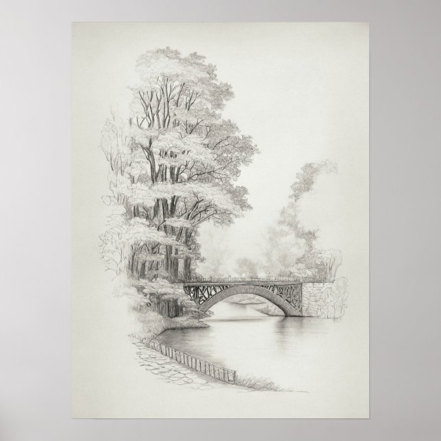 Póster Puente sobre el Sketch del río con árboles grandes (Frente)