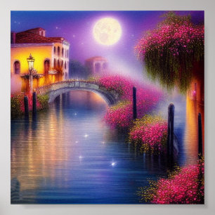 Póster Puente suave de Venecia a la luz de la luna