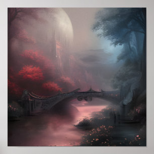 Póster Puente y castillo en una noche oscura y brumosa