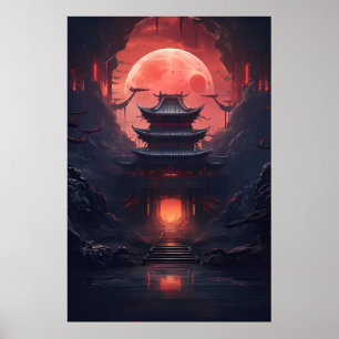 Póster Puente Yin y Yang y templo en Cyberpunk Neon