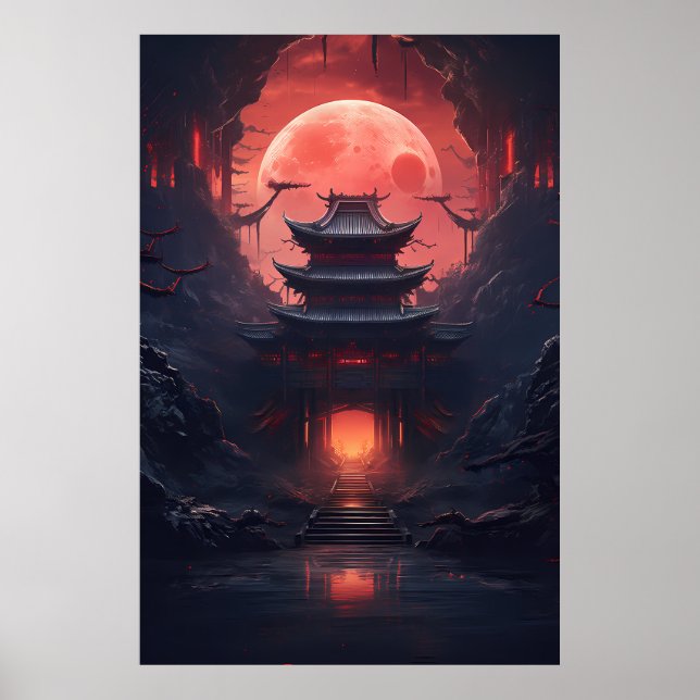 Póster Puente Yin y Yang y templo en Cyberpunk Neon (Frente)