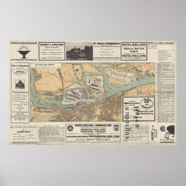 Póster Puerta al Mundo: Mapa del Puerto de Hamburgo (Frente)