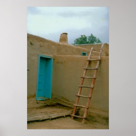 Póster Puerta Azul Y Escalera De Adobe Pueblo Taos