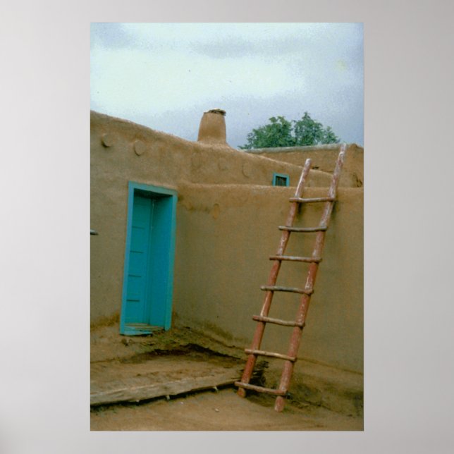 Póster Puerta Azul Y Escalera De Adobe Pueblo Taos (Frente)