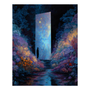 Póster Puerta de ensueño estrellada arte fantasía azul pú