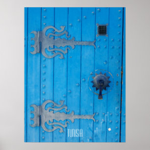 Póster Puerta de madera azul tradicional en Túnez