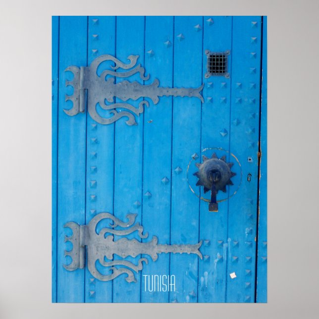 Póster Puerta de madera azul tradicional en Túnez (Frente)