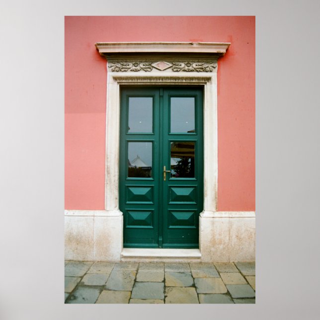 Póster PUERTA DE MADERA verde azulada CON BORDE DE VENTAN (Frente)