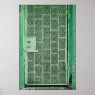 PÓSTER PUERTA DE MADERA VERDE CON PALANCA DE ACERO VERDE