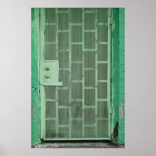 PÓSTER PUERTA DE MADERA VERDE CON PALANCA DE ACERO VERDE (Frente)