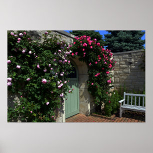 Póster Puerta del jardín verde con banco
