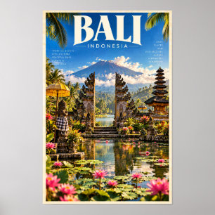Póster Puerta del Templo y Montaña de Viaje a Bali Indone