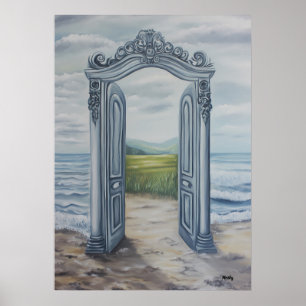Póster Puerta ornamentada onírica a un paisaje místico Po